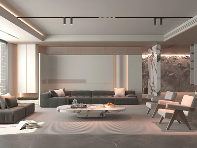 Modern Living Room Interior With Gray Sofas Round Coffee Table White Armchairs And Wooden Wall 3d model