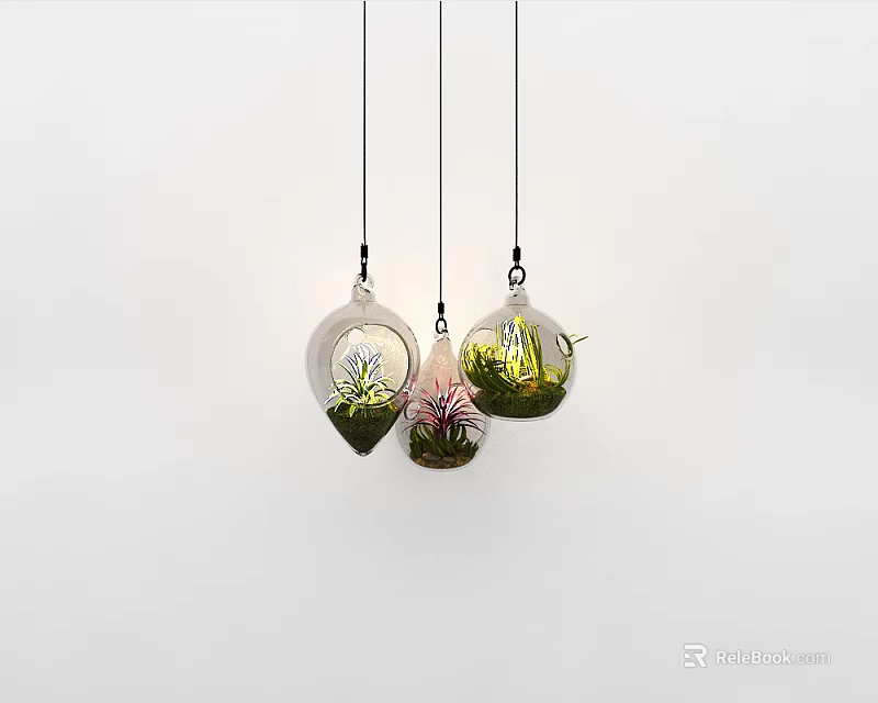 Three Glass Pendant Lights Hanging With Green Plants And Decorative Design 3d model 
