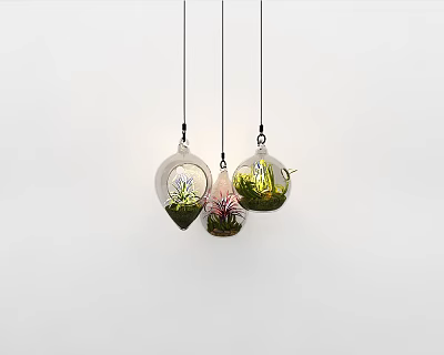 Three Glass Pendant Lights Hanging With Green Plants And Decorative Design 3d model
