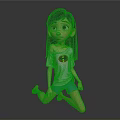 Girl with long blue hair in pink T-shirt and blue shorts kneeling on gray background