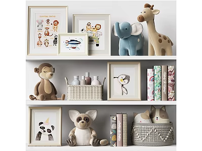 Cute Various Animal Stuffed Toys on Shelves with Framed Pictures Books and Baskets 3d model