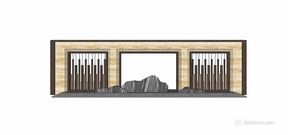 Modern Feature Wall Design With Vertical Slats Central Panel And Stone Ornaments 3d model