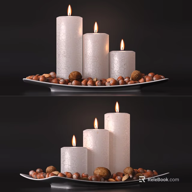 Decorative Candle Lamps with Lit White Candles on Tray and Nuts Against Dark Background 3d model 