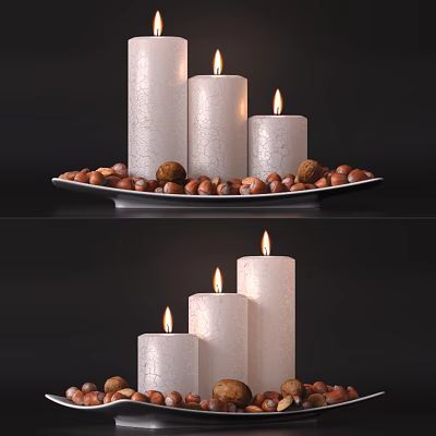 Decorative Candle Lamps with Lit White Candles on Tray and Nuts Against Dark Background 3d model