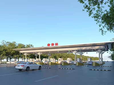 Modern Road Toll Station Facilities With Traffic Lanes And Passing Vehicles Among Trees 3d model