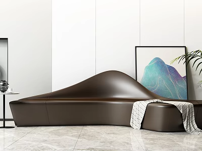 Curved Shaped Sofa in Modern Interior with Wall Art Plant and Marble Floor 3d model