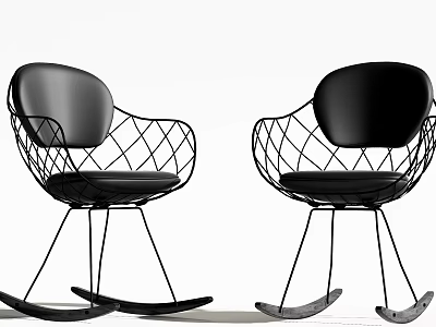 Stylish Modern Black Wire Frame Rocking Leisure Chairs With Comfortable Leather Seats 3d model