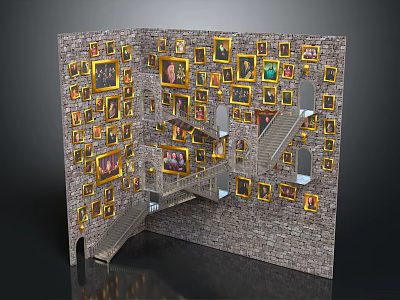 Multi Level Artistic Building Interior With Frame Covered Walls And Intricate Staircases 3d model