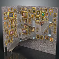 Multi Level Artistic Building Interior With Frame Covered Walls And Intricate Staircases