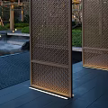 Tranquil Residential Landscape With Wooden Lattice Structures Lush Green Shrubs And Stone Pathway
