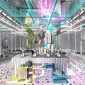 Modern Fashion Store Interior With Neon Lights Mirrors Mannequins Green Plants And Display Tables