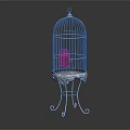 Silver Metal Birdcage Decorative Ornament Set With Intricate Base And Elegant Design