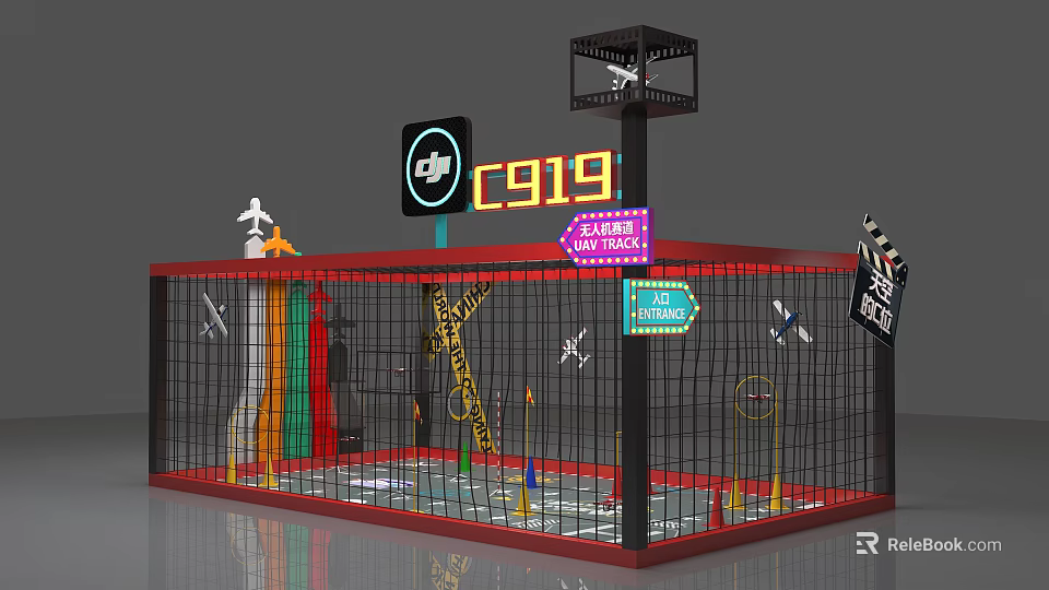 C919 Themed Exhibition Display With Red Frame Black Mesh Fence Neon Signs And Model Planes 3d model 