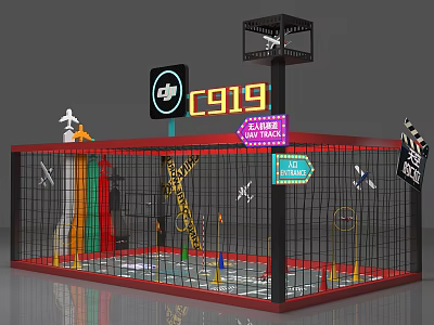C919 Themed Exhibition Display With Red Frame Black Mesh Fence Neon Signs And Model Planes 3d model