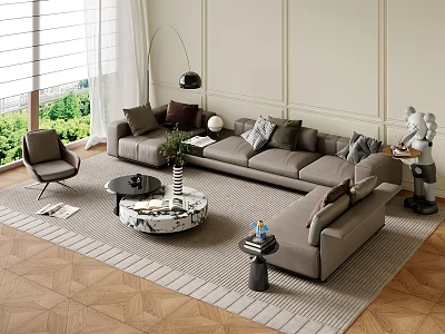 Modern Gray Sofa And Round Coffee Table Set With Marble Top Throw Pillows And Floor Lamp 3d model