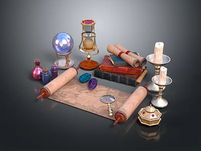 Magical Items Collection With Crystal Ball Hourglass Scrolls Candles Potion Bottles And Ancient Books 3d model