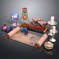 Magical Items Collection With Crystal Ball Hourglass Scrolls Candles Potion Bottles And Ancient Books