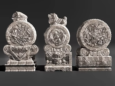 Traditional Stone Carvings With Round Relief Panels And Ornate Pedestals 3d model
