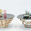 Modern Round Coffee Tables With Black Marble Top And Golden Artistic Base Decorative Vases Books And Greenery