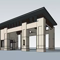 Modern Entrance Gate Design With Black Roof White Columns And Glass Windows
