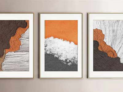 Three Abstract Framed Wall Artworks With Orange Brown And White Wave Patterns 3d model