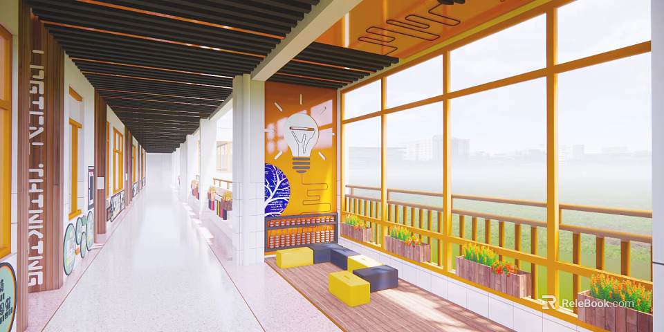 Elevator Hallway With Yellow Walls Large Windows Decorative Light Bulb And Blue Tree Design 3d model 