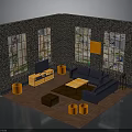 Brick Wall Living Room Interior With Stained Glass Windows Navy Blue Sofa And Orange Stools
