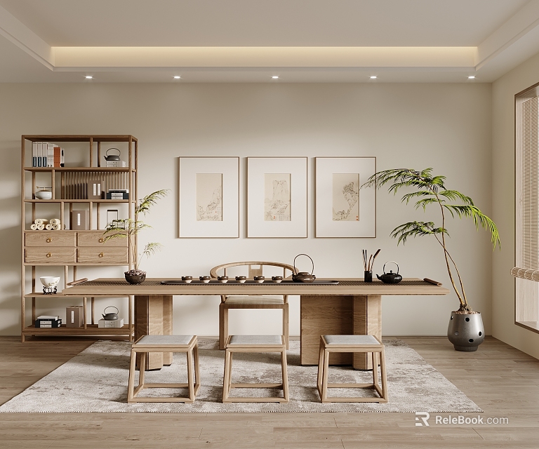 Chinese Style Tea Room Interior With Wooden Tea Table Bookshelf And Decorative Paintings 3d model 