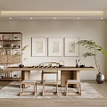 Chinese Style Tea Room Interior With Wooden Tea Table Bookshelf And Decorative Paintings