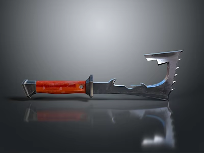 Stylish Tactical Weapon With Red Handle And Serrated Metal Blade Design 3d model