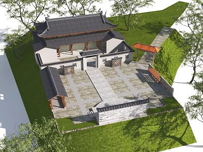 Ancient Chinese Architecture with Black Tiled Roof and Stone Paved Courtyard Surrounded by Green Trees 3d model