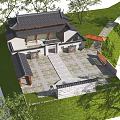Ancient Chinese Architecture with Black Tiled Roof and Stone Paved Courtyard Surrounded by Green Trees