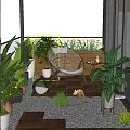 Home Balcony Design Featuring Glass Roof Lush Green Plants Rattan Chair And Pebble Floor