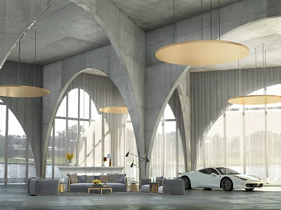 Modern Interior With Arched Ceiling Circular Pendant Lights Windows Lake View And White Sports Car 3d model