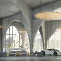 Modern Interior With Arched Ceiling Circular Pendant Lights Windows Lake View And White Sports Car
