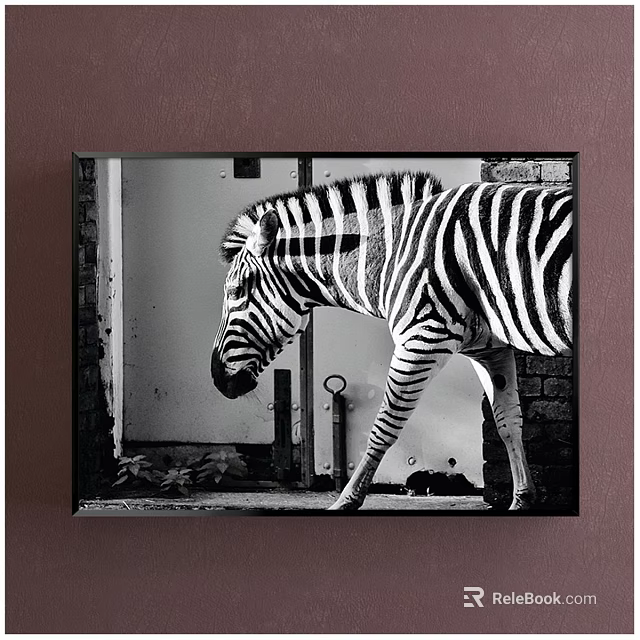 Black and White Zebra Animal Painting With Wall Background And Framed Artwork 3d model 