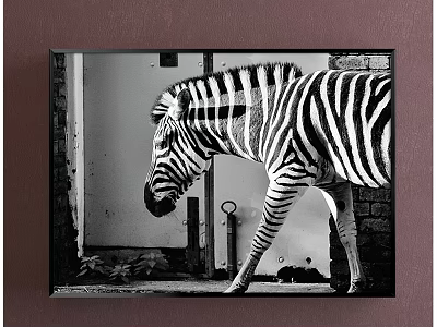 Black and White Zebra Animal Painting With Wall Background And Framed Artwork 3d model