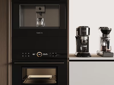 Modern Kitchen Interior With Black Oven And Coffee Machines Setup 3d model