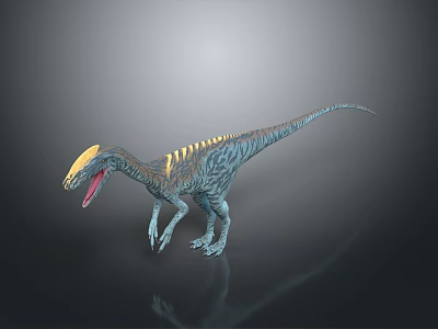 Dinosaur Character With Yellow Head Crest Blue Gray Body And Open Mouth In Dynamic Pose 3d model