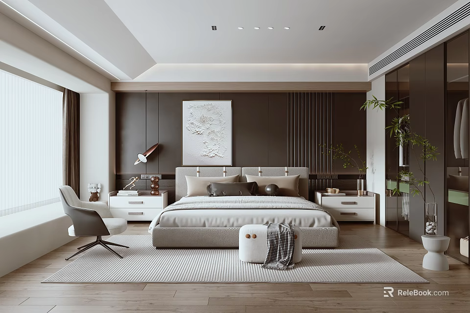 Modern Bedroom Interior With Bed Nightstands Area Rug Accent Chair Wall Art And Plants 3d model 