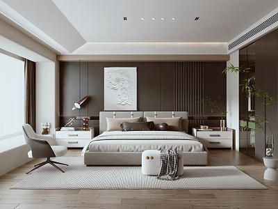 Modern Bedroom Interior With Bed Nightstands Area Rug Accent Chair Wall Art And Plants 3d model