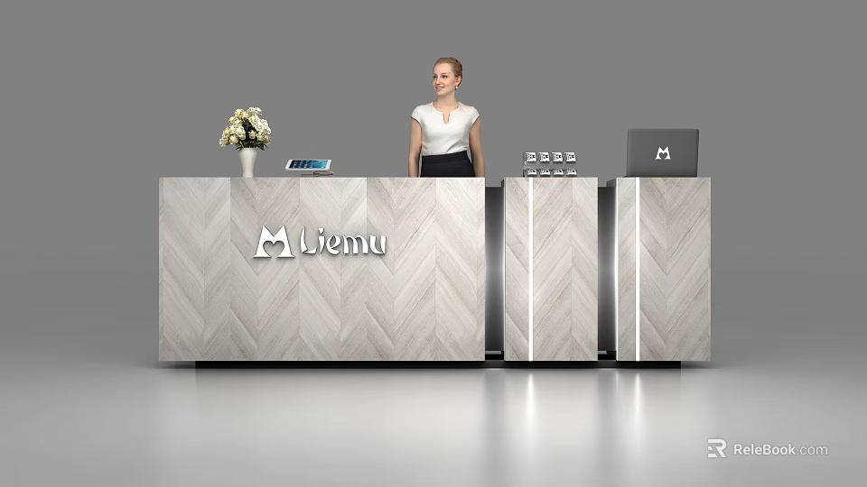 Modern Liemu Reception Desk with Herringbone Pattern Vase Tablet and Laptop 3d model 