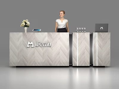 Modern Liemu Reception Desk with Herringbone Pattern Vase Tablet and Laptop 3d model