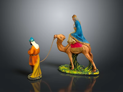 Decorative Three Wise Men Camel Statues On Wooden Display Cabinet 3d model