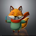 Cute Smiling Orange Fur Cartoon Fox Wearing Red Scarf And Green Sweater Holding Knife