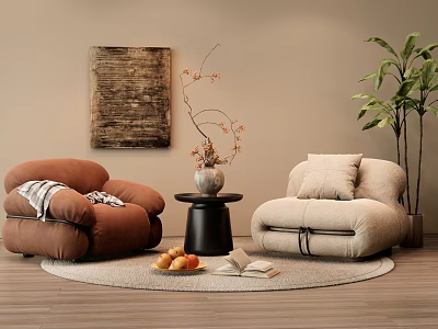 Modern Upholstered Single Sofas Brown and Beige with Round Rug Black Table and Decorative Art 3d model