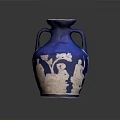 Artistic Blue Vase Featuring Intricate White Sculpted Figures And Floral Carvings