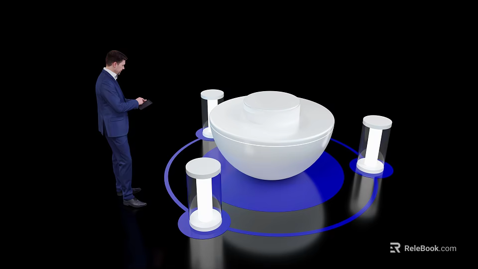 Technology Exhibition Hall With Visitor Using Tablet And White Spherical Installation With Blue Lighting 3d model 