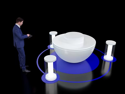 Technology Exhibition Hall With Visitor Using Tablet And White Spherical Installation With Blue Lighting 3d model