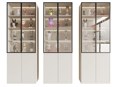 Sculptures Displayed In Modern White Glass Door Cabinets With Multiple Shelves And Lighting 3d model
